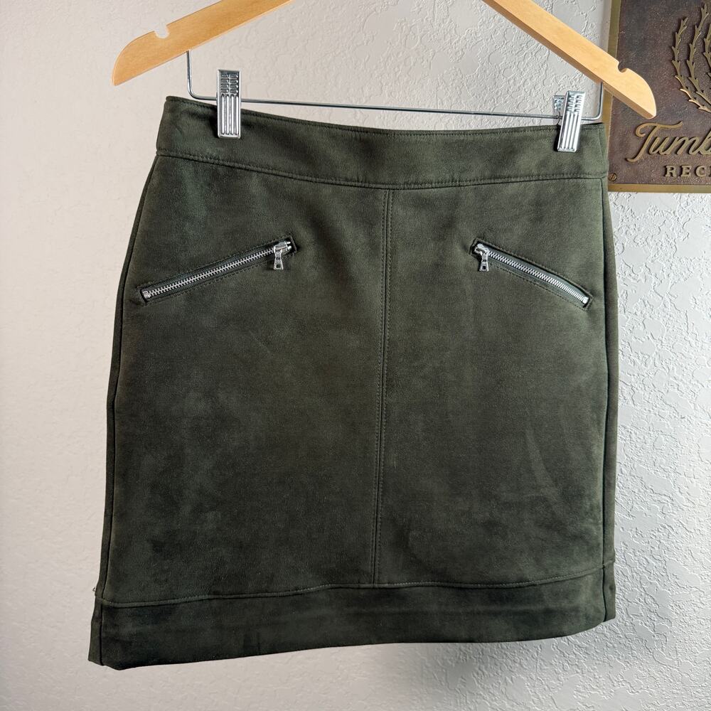 Women's Ann Taylor Loft Olive Green‎ Faux Suede A-Line Mini Skirt Size 4 Petite